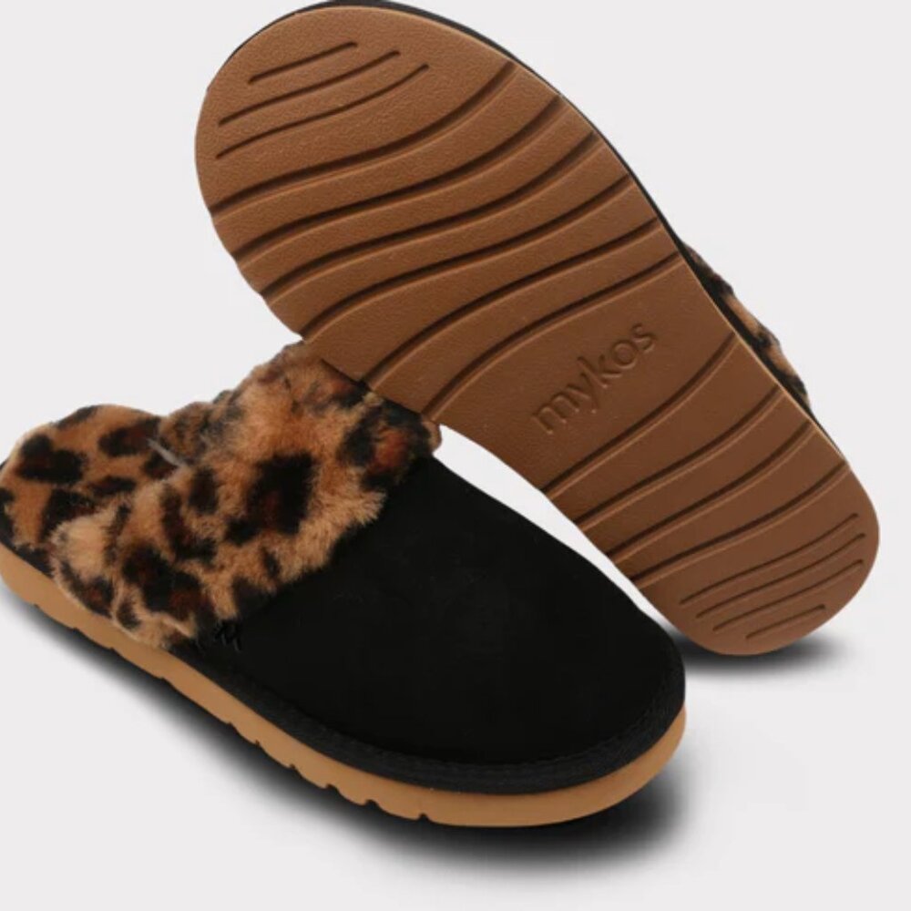 MYKOS WOMENS  "LIA" SLIP ON Black/Leopard SCUFF SLIPPER